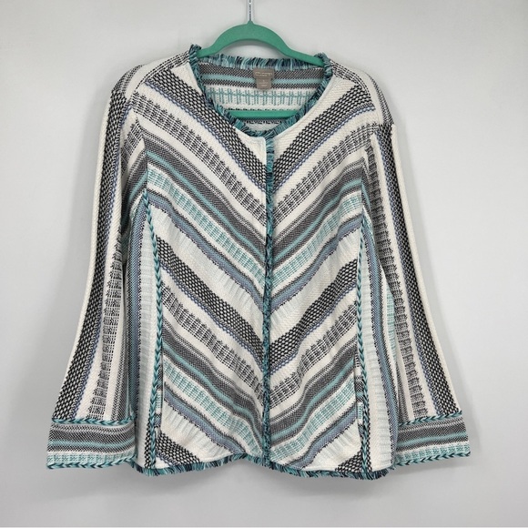 Chico's Structured Multi Stripe Patterned Cardigan Sweater 3/4 Sleeve Roundneck - Picture 2 of 14